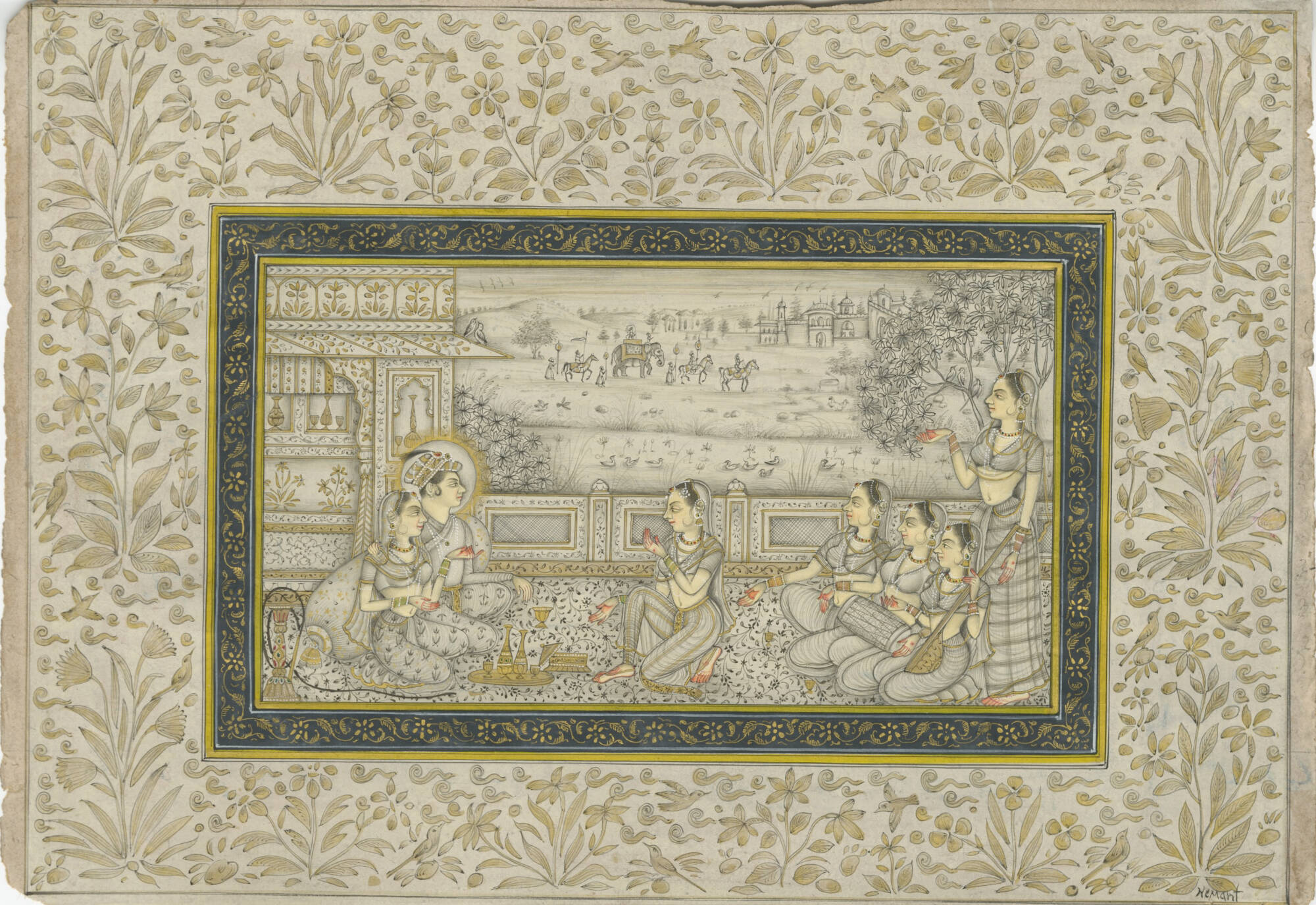 Indian miniature painting of a group of people in prayer. Surrounded by a wide floral boarder.